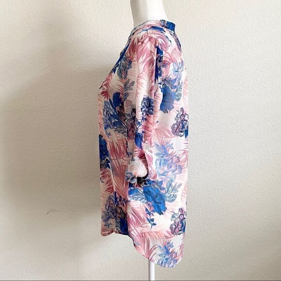 Kut from the Kloth Pink Blue Floral Sheer Relaxed Roll Tab Button Down Top S - Picture 4 of 8